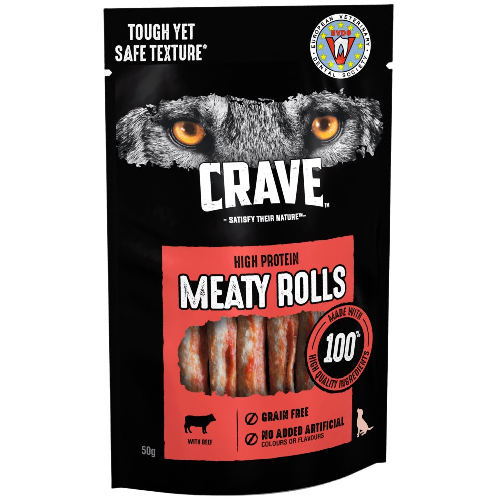 Crave Natural Grain Free Meaty Rolls Adult Dog Treats with Beef 50g - 1